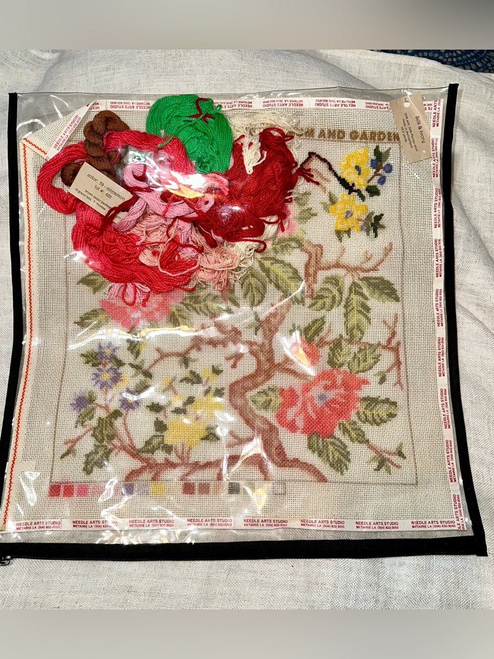 Vintage 1987 Winterthur Floral Needlepoint Kit Partially Stitched